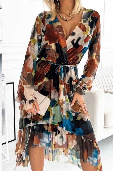 Asymetryczna sukienka midi z falbaną wzór 4- HIT !