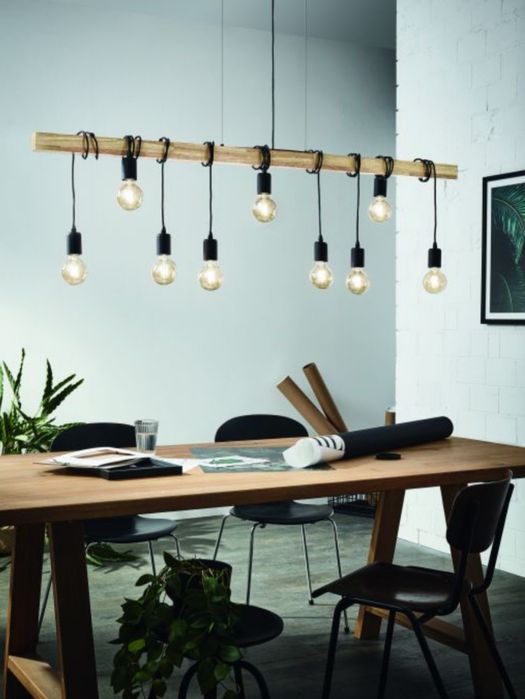 Nowa lampa wisząca na belce vintage 9 punktowa prawdziwe drewno