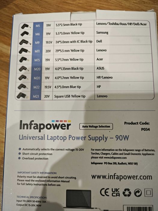 Uniwersalny zasilacz laptop 90W 19V/19.5V/20V Lenovo Dell HP