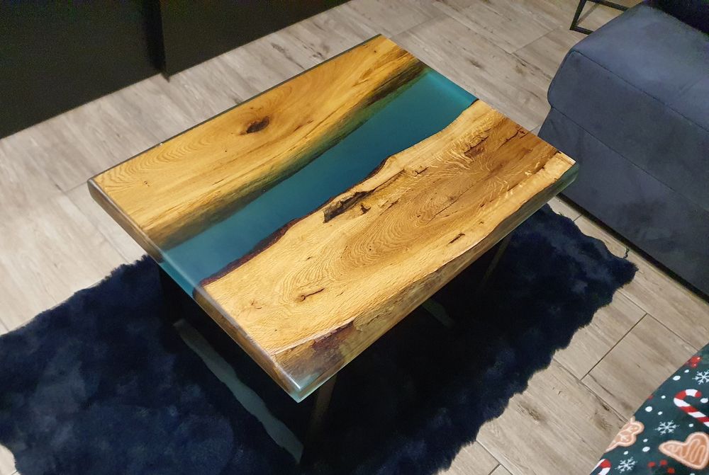Stół z żywicy epoksydowej, 70x50x45, turkus dąb