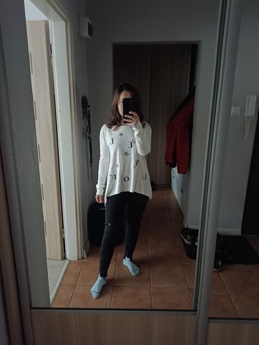 Kremowa bluzka z nadrukiem, sweterkowa, rozmiar L / XL