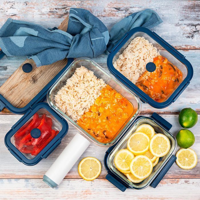 4x próżniowe prostokątne szklane pojemniki + pompka próżniowa