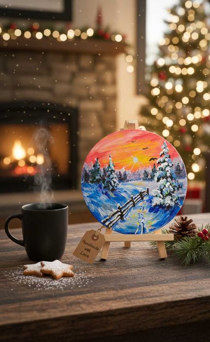 Картина коло 15 см акрилом "Зимова казка" | Ручна робота | Подарунок