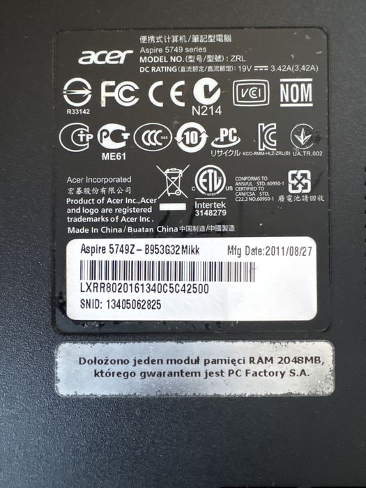 Laptop 15.6” Acer Aspire 5749Z