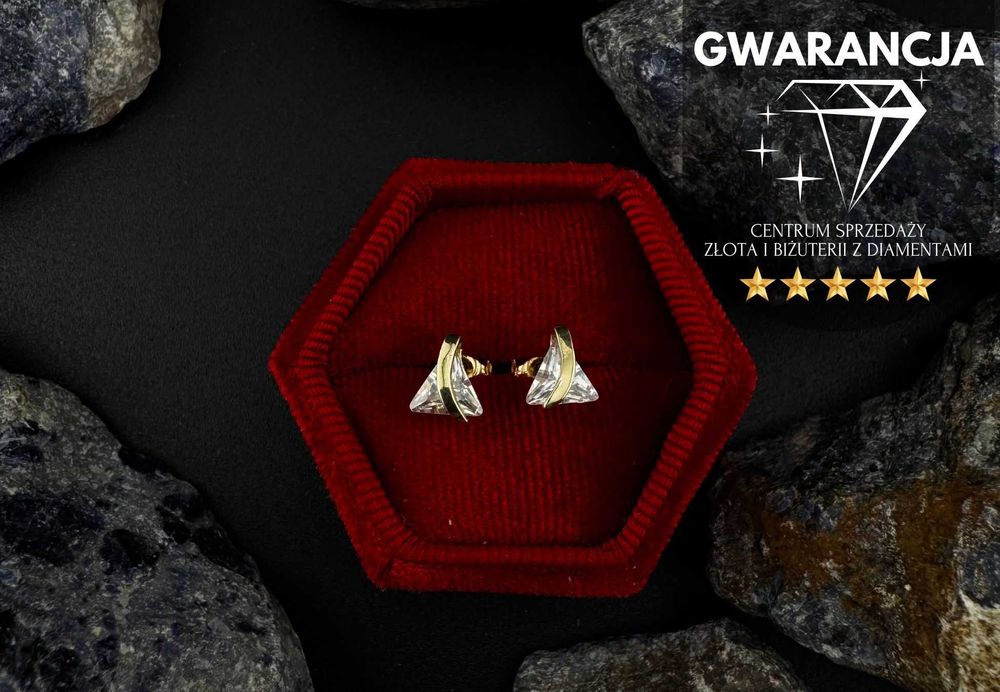 Złote Kolczyki "Trójkąty Cyrkonie" | JAK NOWE | 585 | 1.61g