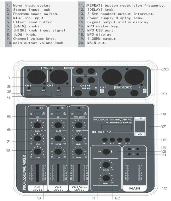 Микшерный пульт с микрофонным входами - микшер на 4 канала
