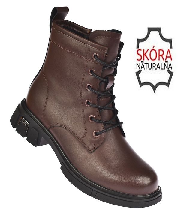 Glany skórzane damskie B-3-106 brązowe na suwak ocieplane roz. 39