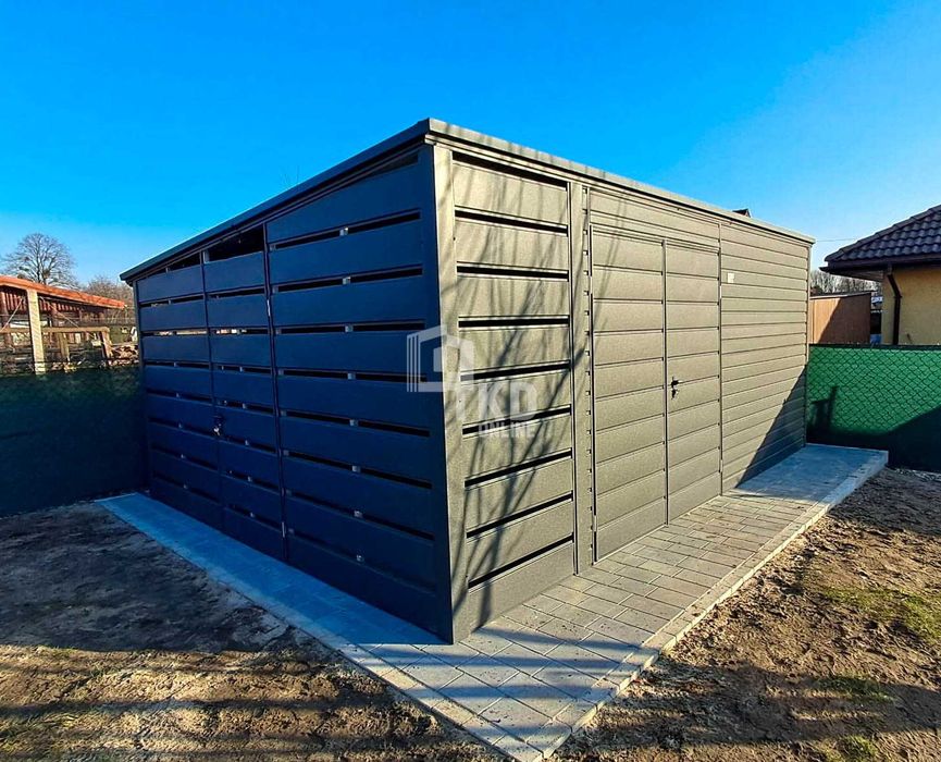 Garaż blaszany - schowek - 4,5x4,5m + wiata 1m 2x drzwi dach  TKD249