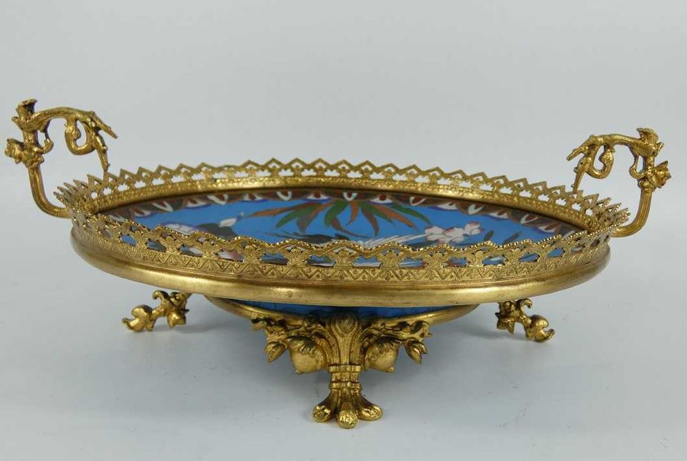 PATERA talerz emalia CLOISONNE kwiat ptak żuraw