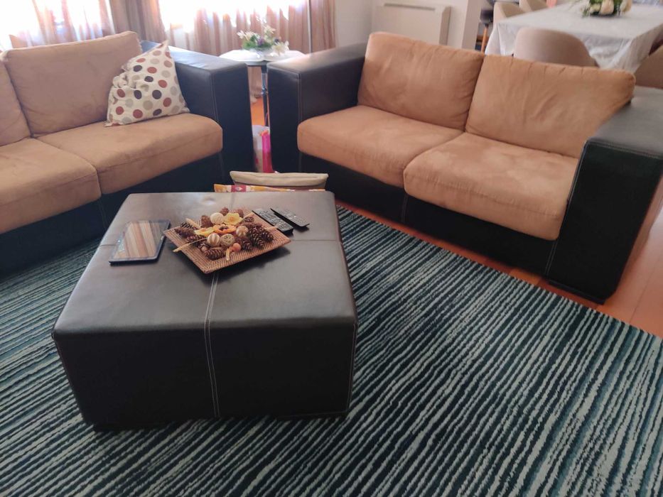 Sofas em pele com duas almofadas