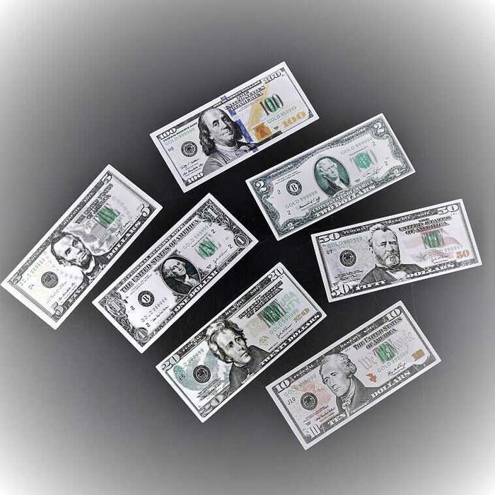 Banknoty DOLARY USD posrebrzane z PVC silver 7szt KOMPLET