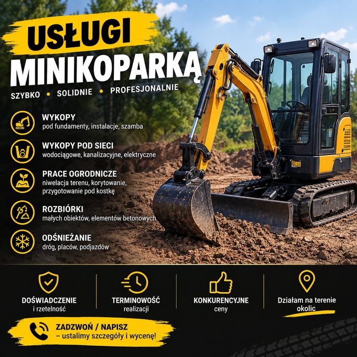Usługi minikoparką 1,8 t – wykopy, fundamenty, ogrodzenia