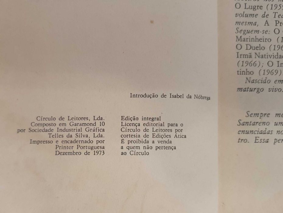 Livro A Promessa, de Bernardo Santareno, Ed. Círculo de Leitores, 1973