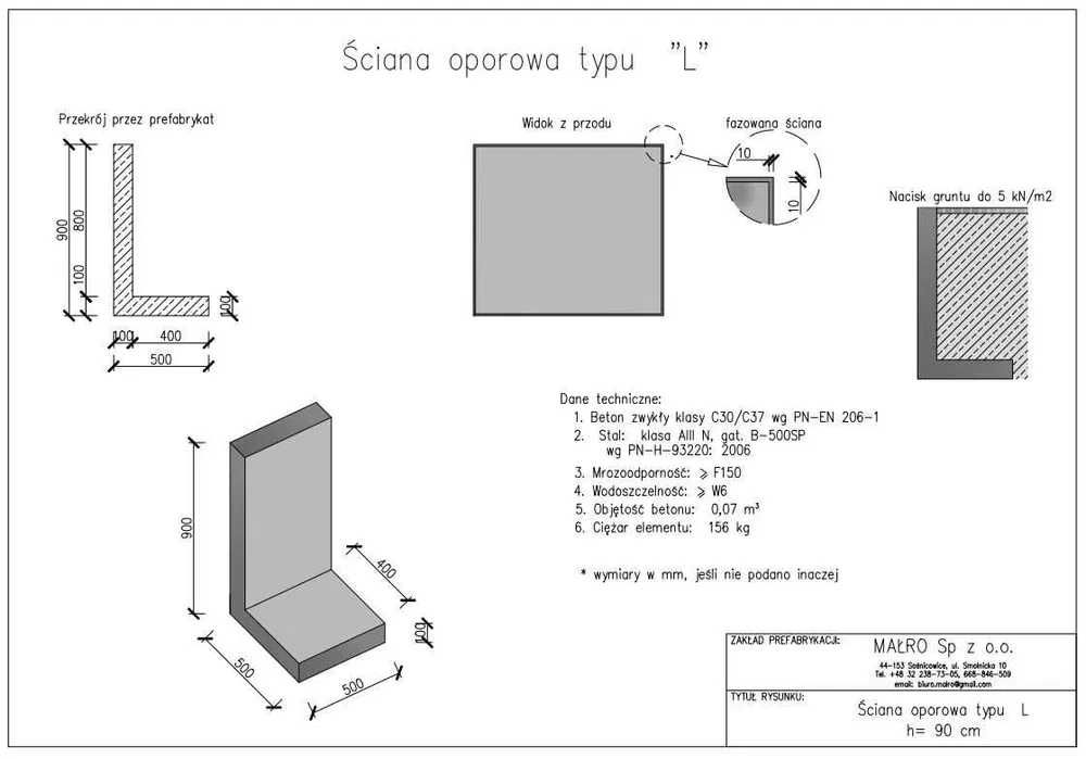 Mur oporowy typu L, mury oporowe elki 90x50x50x10 prefabrykat muru