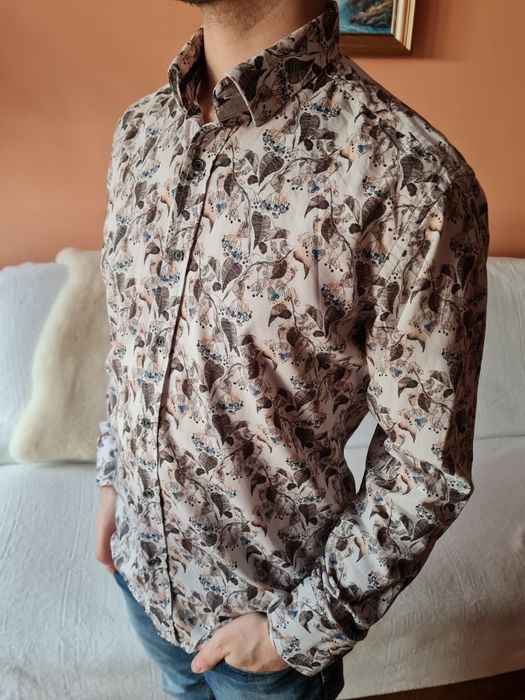 Koszula męska z długim rękawem bawełniana wzorzysta jasna liście dust