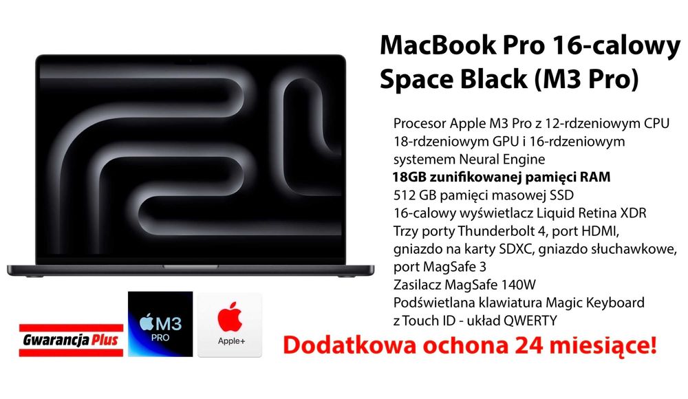 I. NOWY Apple MacBook Pro 16 M3 PRO 18GB RAM 512GB Black +DODATKI GW-2LATA! FV23%
