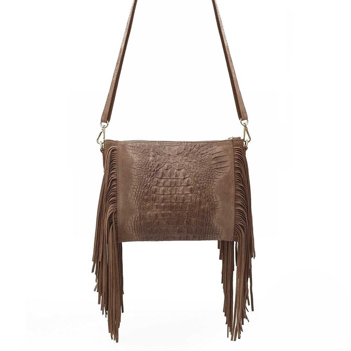 VERA PELLE torebka zamszowa listonoszka z frędzlami V001 chabrowa