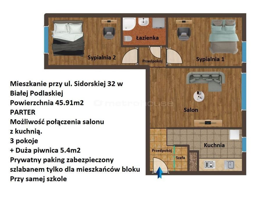 Mieszkanie 46m2 - PARTER - 3 pokoje przy Zofilasku