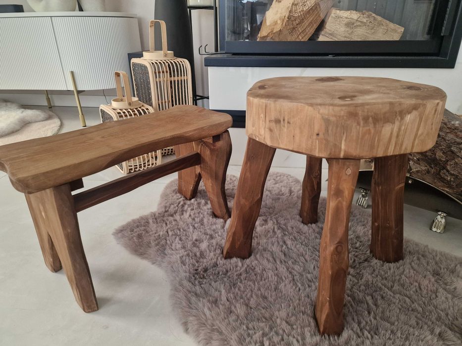 Taboret drewniany i ławeczka ręcznie robione