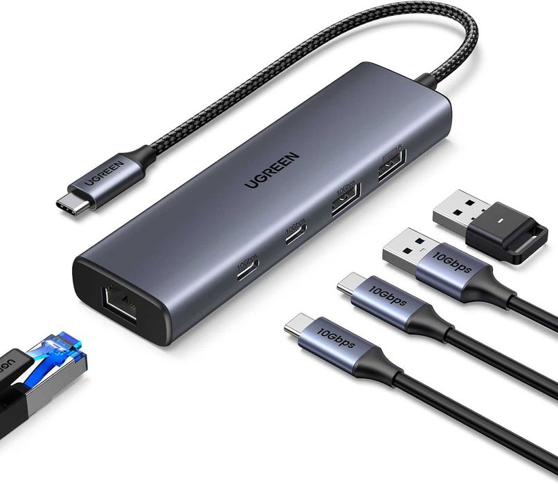 UGREEN Hub Ethernet USB C, adapter Ethernet 10 Gb/s USB 3.2 z 2 portami USB-C, 2 x port USB-A i 1 x adapter sieciowy RJ45