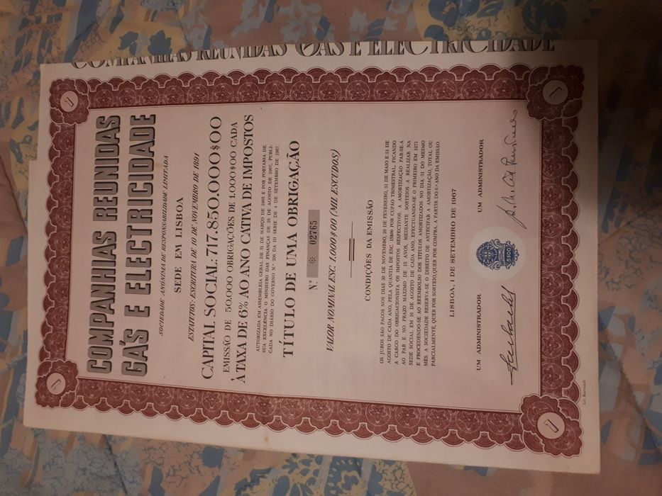 Título de uma ação das companhias reunidas de gas e eletricidade.