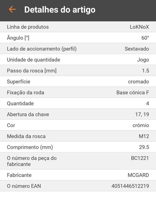 Pernes anti roubo para jantes.
