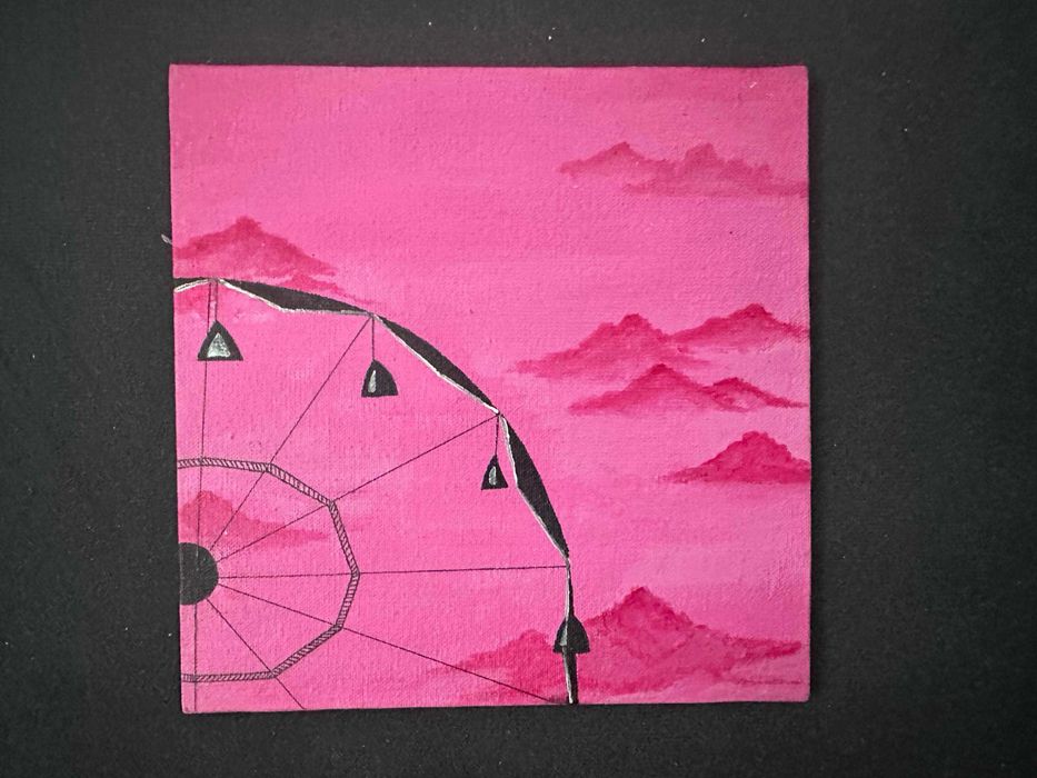 Obraz akrylowy handmade – diabelski młyn, różowe tło, 15×15 cm