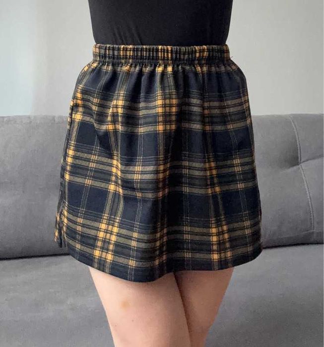 Spódniczka bombka w kratkę szkocką spódnica żółta czarna rozkloszowana