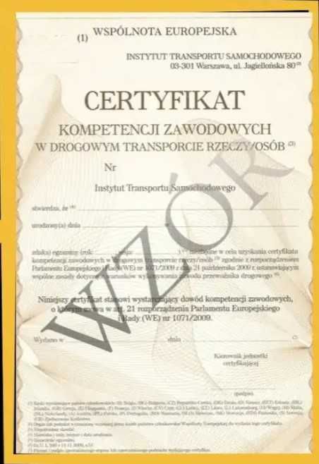 UŻYCZĘ CERTYFIKAT KOMPETENCJI ZAWODOWYCH (CKZ ) –  przewóz rzeczy + kompleksowa licencja transportowa