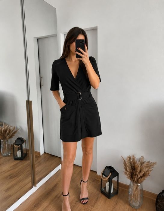 Zara czarny kombinezon XS elegancki z paskiem classy minimalist