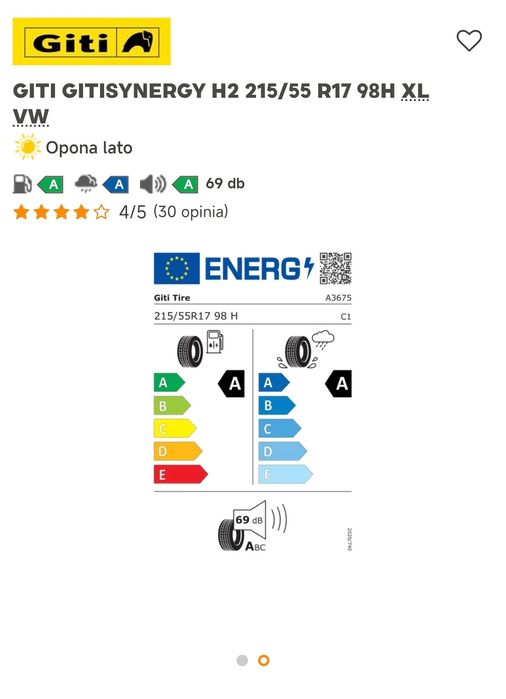 215/55 R17 98H XL  Giti Synergy H2 Jak Nowe.
