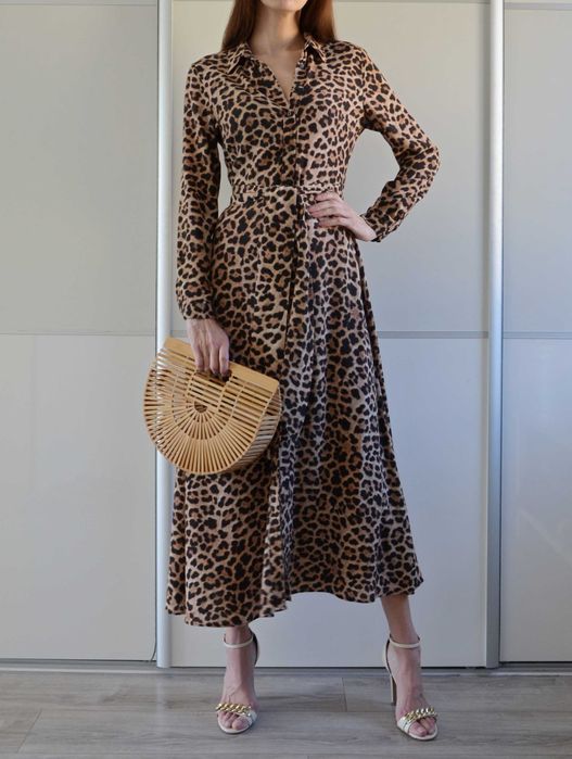 Zara Woman długa sukienka panterka szmizjerka leopard print