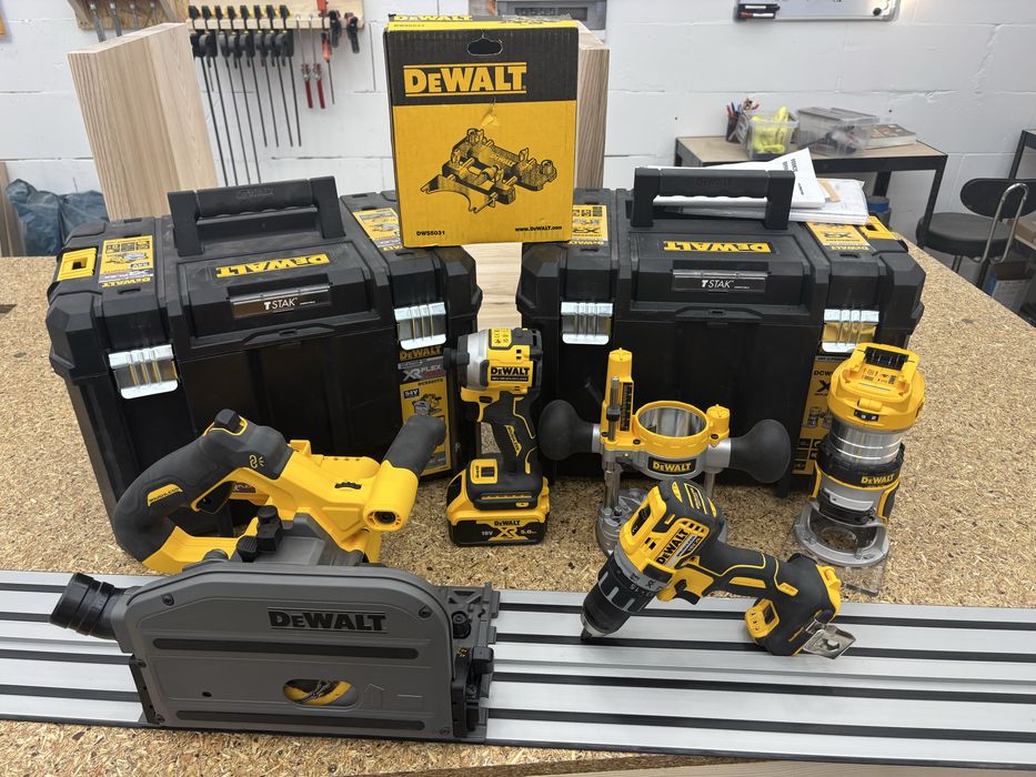 DeWalt zestaw XR/FlexVolt: zagłębiarka DCS520T2, frezarka DCW604NT, DCF850, DCD791, 3 aku, 2 TSTAK, szyna 1,5 m, DWS5031
