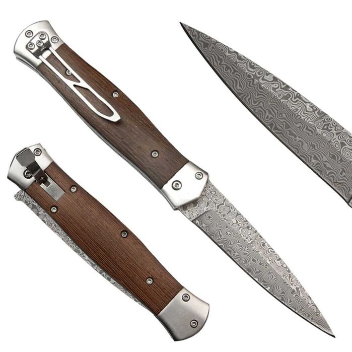 Nóż sprężynowy stal damasceńska zdobiony prezent N-961 składany