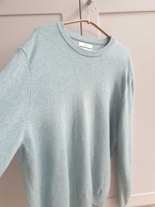 Turkusowy niebieski sweter męski 100% wełna wełniany XL 2XL M&S