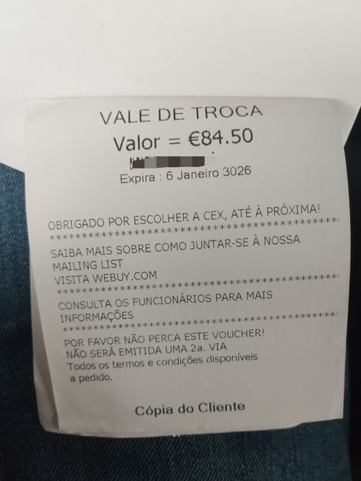 Vales de Troca (dinheiro) - loja CEX