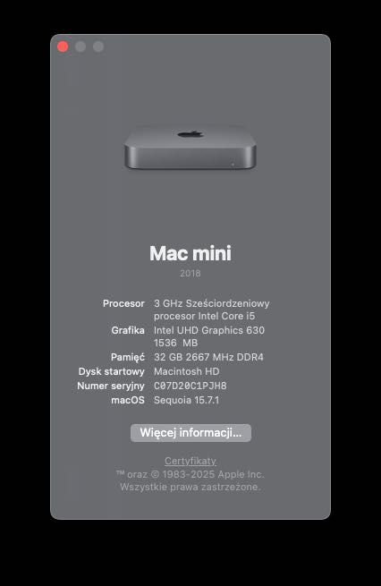 Mac mini 2018 i5 / 32 GB RAM / 512 GB SSD – wyczyszczony, 100% sprawny
