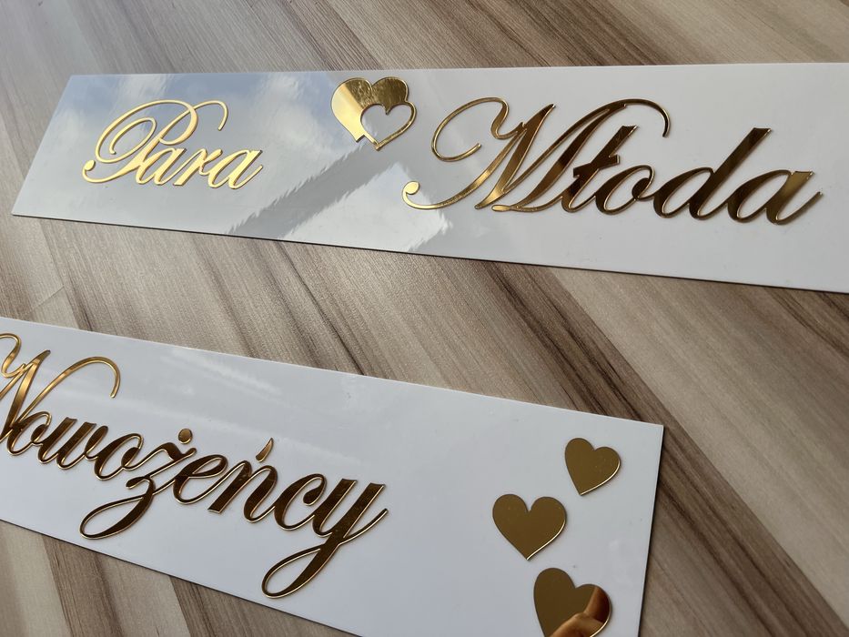 Tablice do auta ślub, złote plexi,  para młoda i nowożeńcy