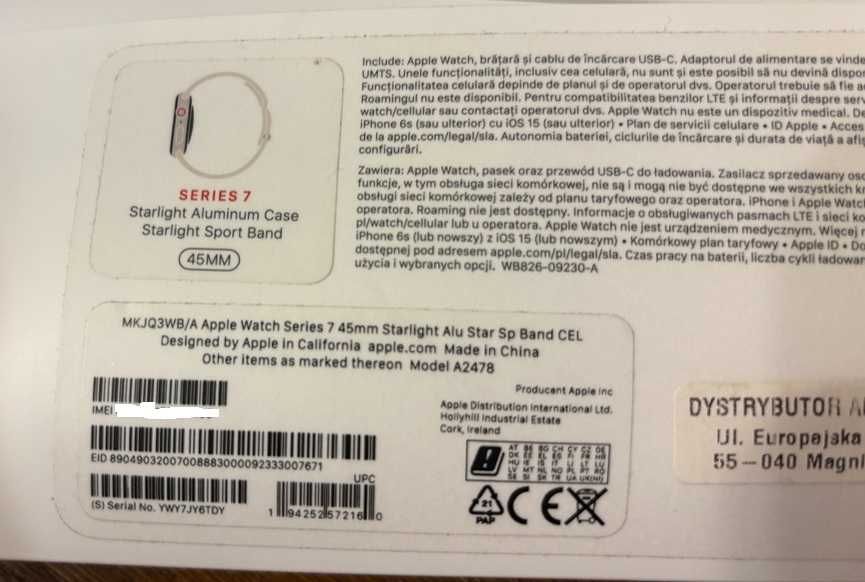 Apple Watch Series 7 45mm Starlight GPS + Cellular — stan idealny, komplet