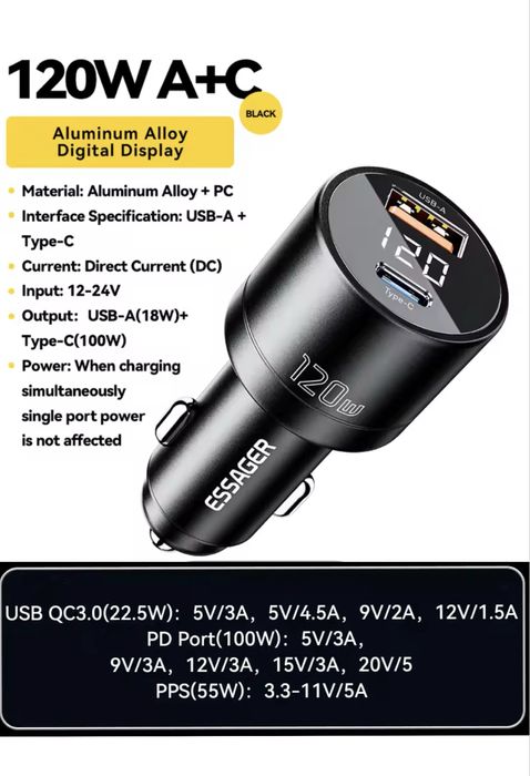 80w Швидка Автомобільна Зарядка Essager прикурювач USB+Type-C з вольиетром на 3 виходи, Toocki 33w 80w 105w 120w для телефона планшета та ноутбука