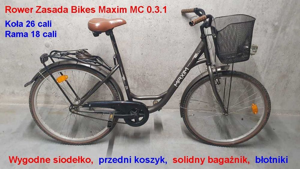 Rower damski miejski Zasada Maxim MC 0.3.1 koła 26 cali koszyk Bagażnik Błotniki