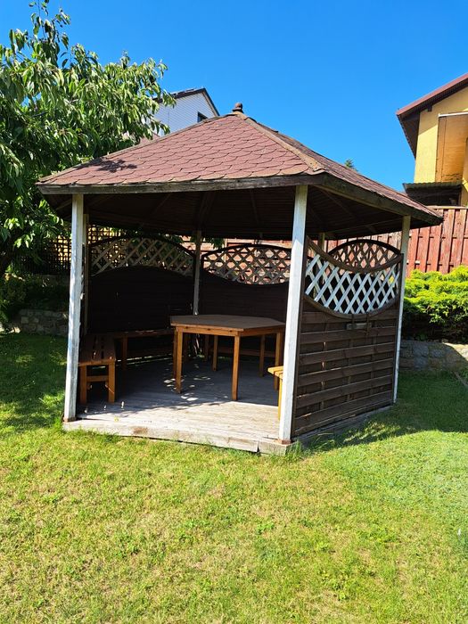 Altana ogrodowa duża 6 ścian drewniana + stół i ławy