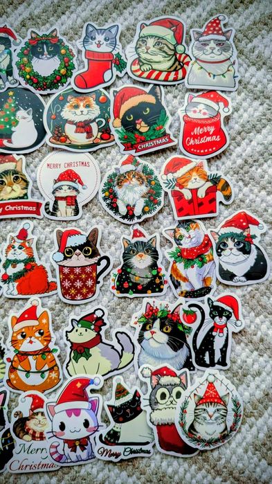 Набор наклеек новогодние коты Merry Christmas Santa Claus cat стикеры
