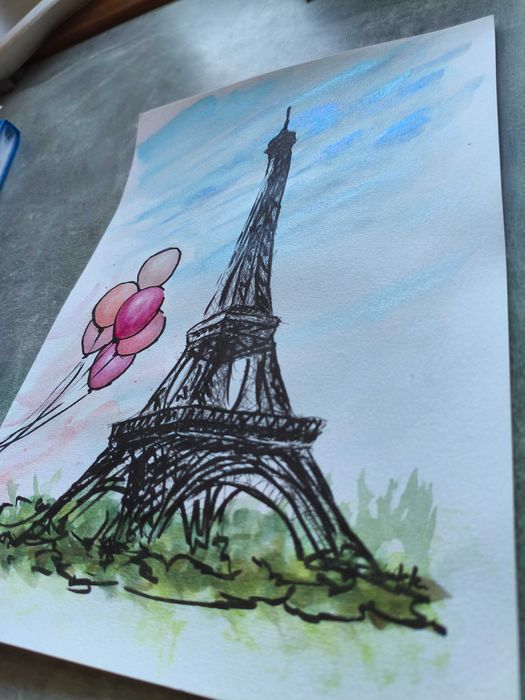 Paryż Francja wieża Eifela miasta akwarela obraz pejzaż miejski 21x30