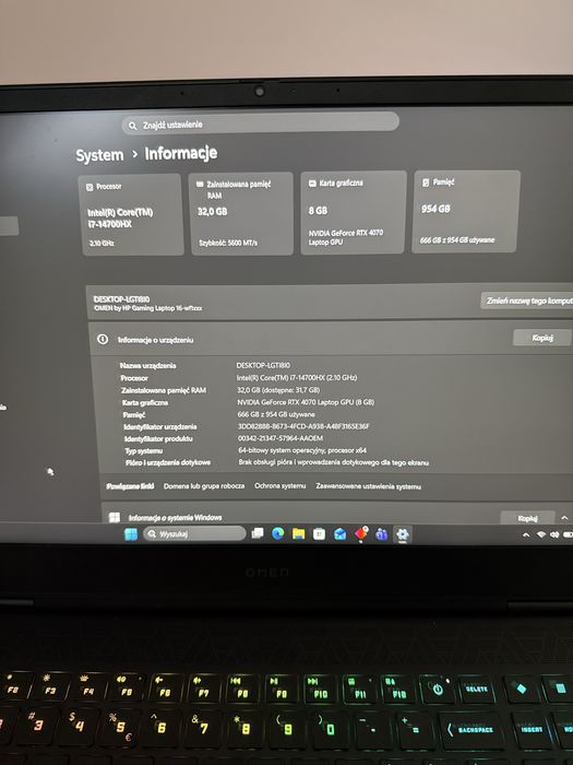 Laptop gamingowy hp omen 16 rtx 4070, 1tb ssd, 32gb ram, i7 14700hx + akcesoria stan idealny