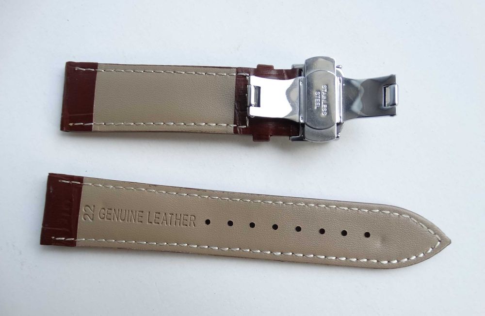 Pasek skórzany do zegarka brązowy 22mm z klamrą zapięciem motylkowym