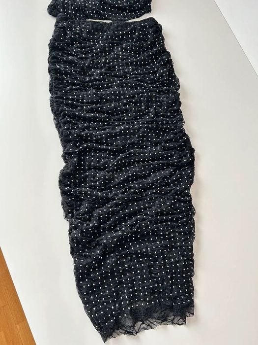 Czarny komplet, drapowany tiul koronka, cyrkonie, top+spódnica, Zara S