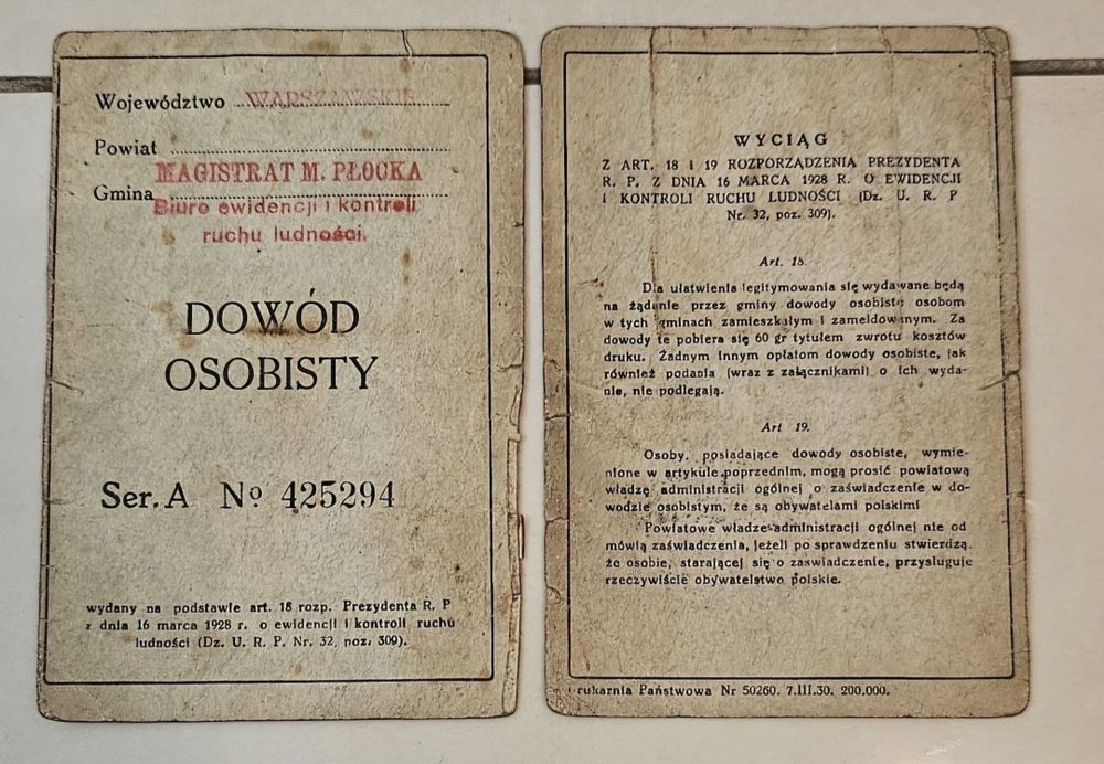 Dowód osobisty przedwojenny 1933 r. Płock