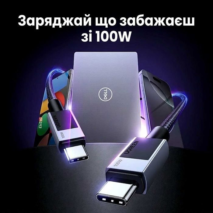 Кабель Type-C - Type-C 100W 5A UGREEN провід для швидкої зарядки тайп-сі на тайп-сі провод шнур тайп си для быстрой зарядки 1/2/3 метра