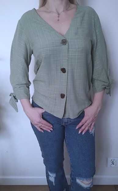 bluzka oliwka zielona 38 M RESERVED rękaw 3/4 wiązany